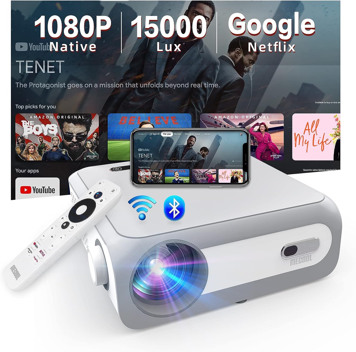 4K Projector with WiFi and Bluetooth, MECOOL TV Projector 15000L 700Ansi Native 1080P Supported 4K, 240