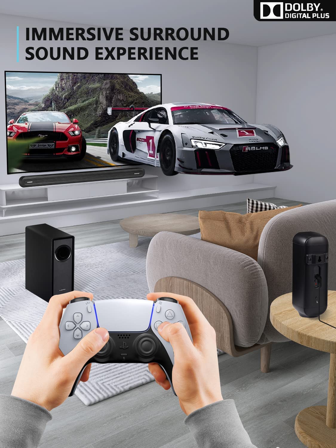 5.1 CH Surround Sound Bar with Dolby Audio, Sound Bars for TV with Wireless Subwoofer, Dolby Digital Plus, Bluetooth 5.0, Surround Sound Structure for Home Theater, Works with 4K & HD TVs| HDMI & Optical