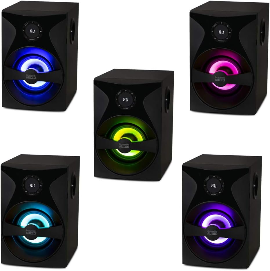 Acoustic Audio by Goldwood Bluetooth 5.1 Surround Sound System with LED Light Display, FM Tuner, USB and SD Card Inputs - 6-Piece Home Theater Speaker Set, Includes Remote Command - AA5400 Black