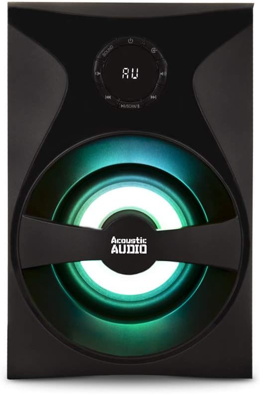 Acoustic Audio by Goldwood Bluetooth 5.1 Surround Sound Mechanism with LED Light Display, FM Tuner, USB and SD Card Inputs - 6-Piece Home Theater Speaker Set, Includes Remote Command - AA5400 Black
