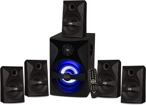 Acoustic Audio by Goldwood Bluetooth 5.1 Surround Sound System with LED Light Display, FM Tuner, USB and SD Card Inputs – 6-Piece Home Theater Speaker Set, Includes Remote Control – AA5400 Black