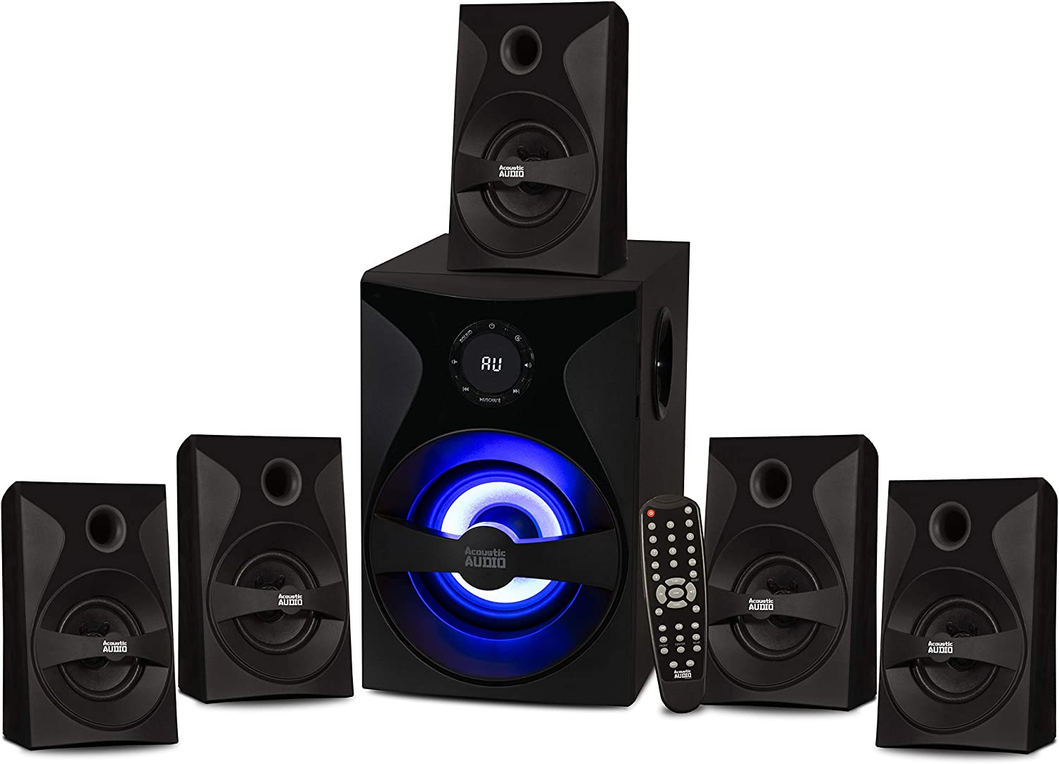 Acoustic Audio by Goldwood Bluetooth 5.1 Surround Sound System with LED Light Display, FM Tuner, USB and SD Card Inputs – 6-Piece Home Theater Speaker Set, Includes Remote Control – AA5400 Black