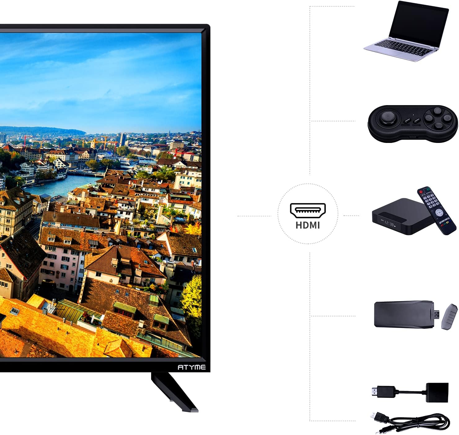 ATYME 32-inch Class 60Hz 720p HD LED TV Flat Screen 1*USB 3* HDMI 1*VGA ARC Dual Channel 8W Speakers Monitor Television 320GM5HD