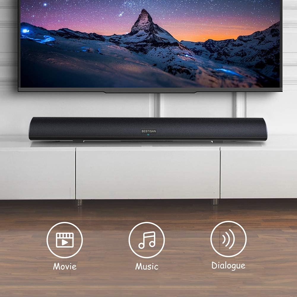 BESTISAN Soundbar, TV Sound Bar with Dual Bass Ports Wired HDMI and Wireless Bluetooth 5.0 Home Theater System (28 Inch, Enhanced Bass Technology, 3-Inch Drivers, Bass Adjustable, Wall Mountable, DSP)