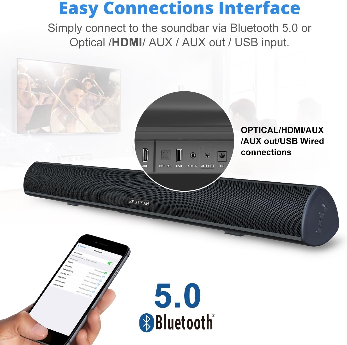 BESTISAN Soundbar, TV Sound Bar with Dual Bass Ports Wired HDMI and Wireless Bluetooth 5.0 Home Theater System (28 Inch, Enhanced Bass Technology, 3-Inch Drivers, Bass Adjustable, Wall Mountable, DSP)