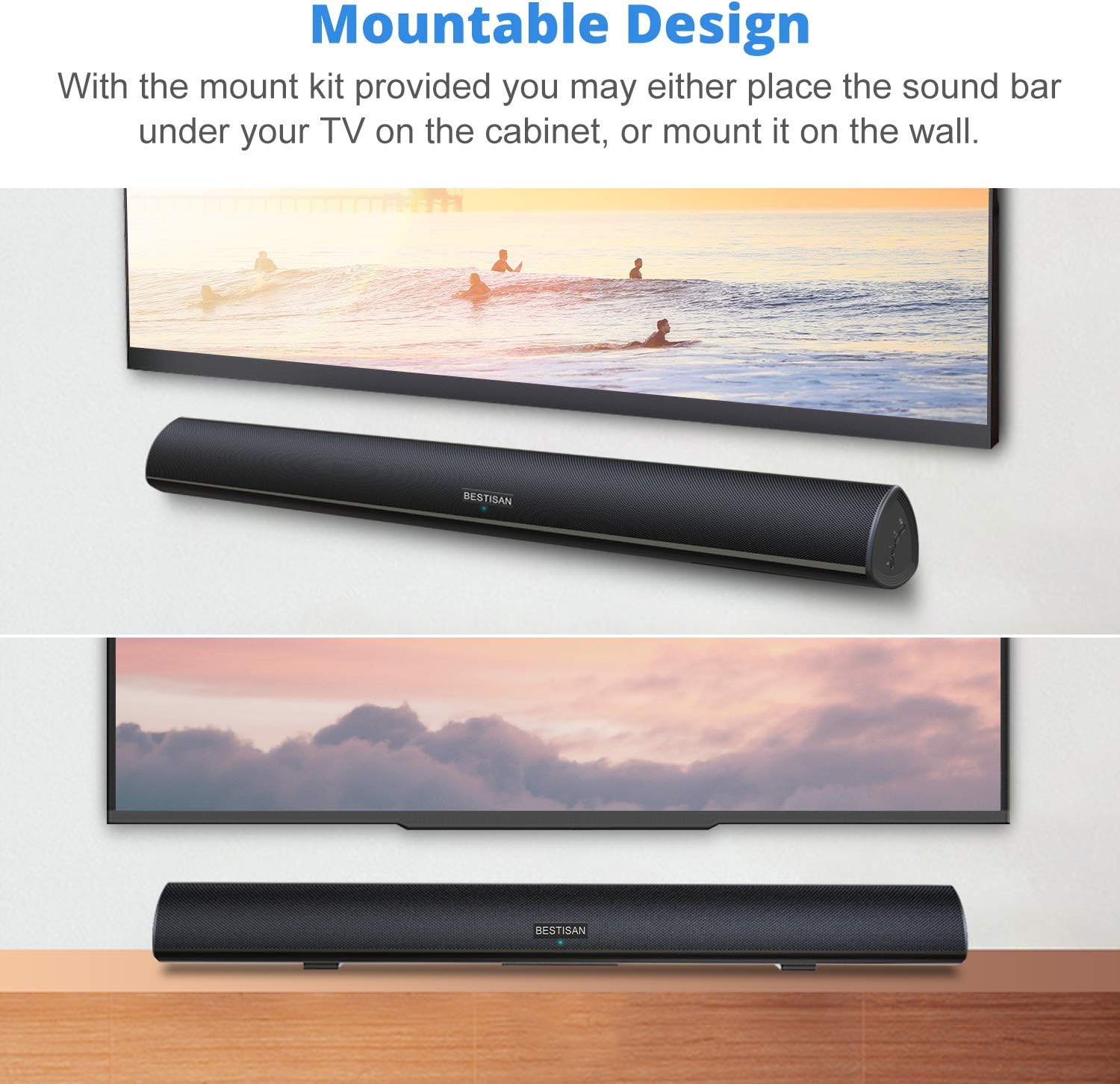 BESTISAN Soundbar, TV Sound Bar with Dual Bass Ports Wired HDMI and Wireless Bluetooth 5.0 Home Theater Mechanism (28 Inch, Enhanced Bass Technology, 3-Inch Drivers, Bass Adjustable, Wall Mountable, DSP)