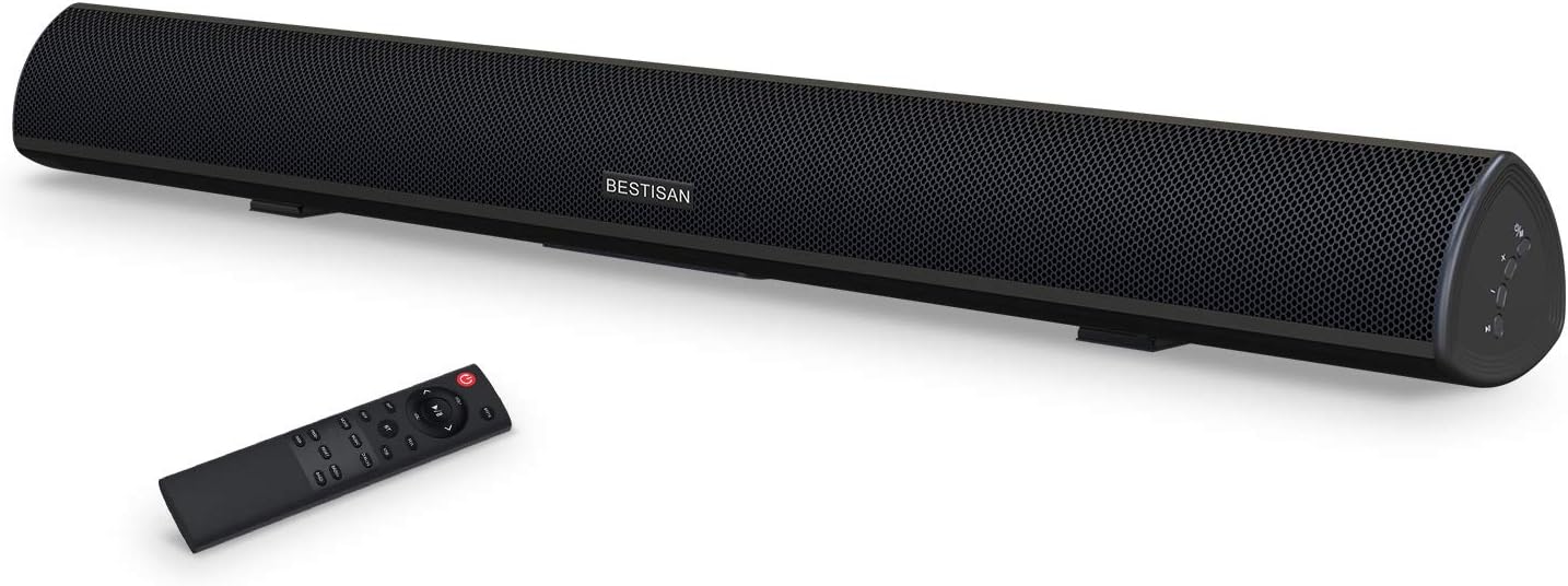 BESTISAN Soundbar, TV Sound Bar with Dual Bass Ports Wired HDMI and Wireless Bluetooth 5.0 Home Theater Mechanism (28 Inch, Enhanced Bass Technology, 3-Inch Drivers, Bass Adjustable, Wall Mountable, DSP)