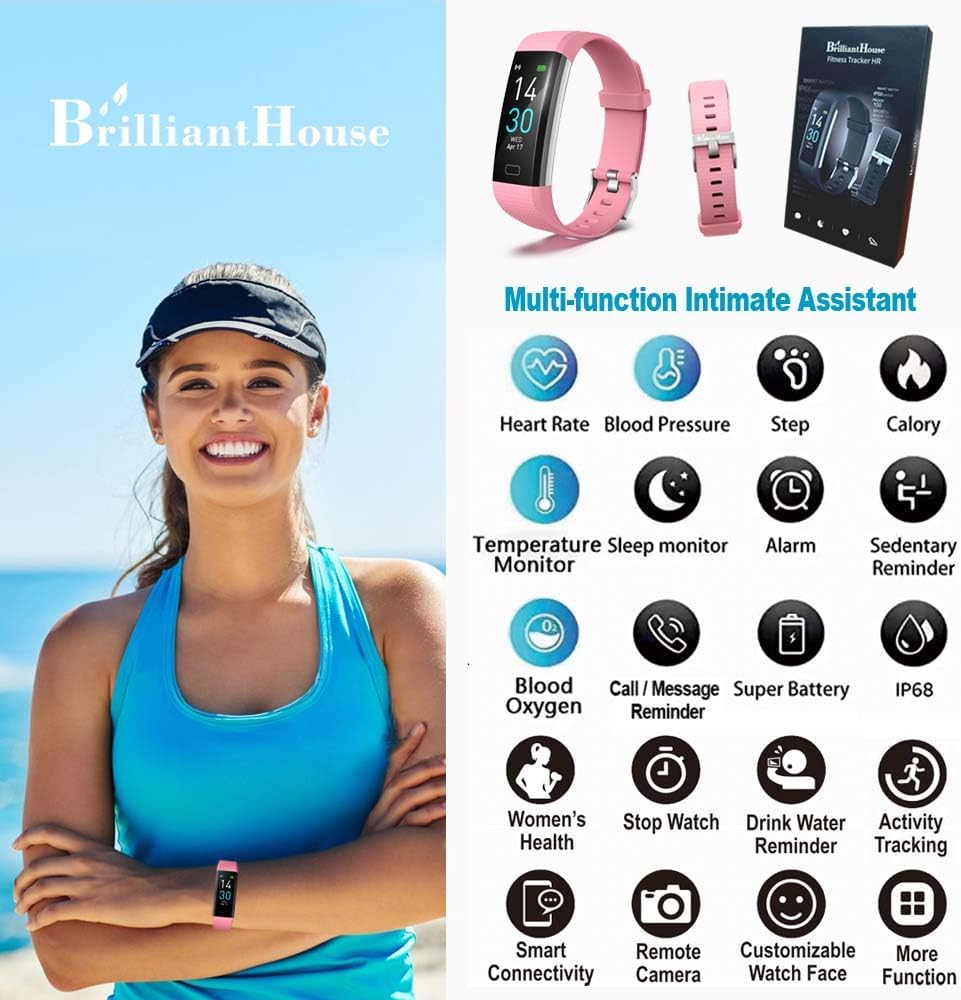 BrilliantHouse Fitness Tracker with Blood Pressure Heart Rate Blood Oxygen Monitor, Action Tracker Sleep & Temperature Monitor, Smart Watch IP68 Waterproof Pedometer Step Counter for Kids Gentleman Women