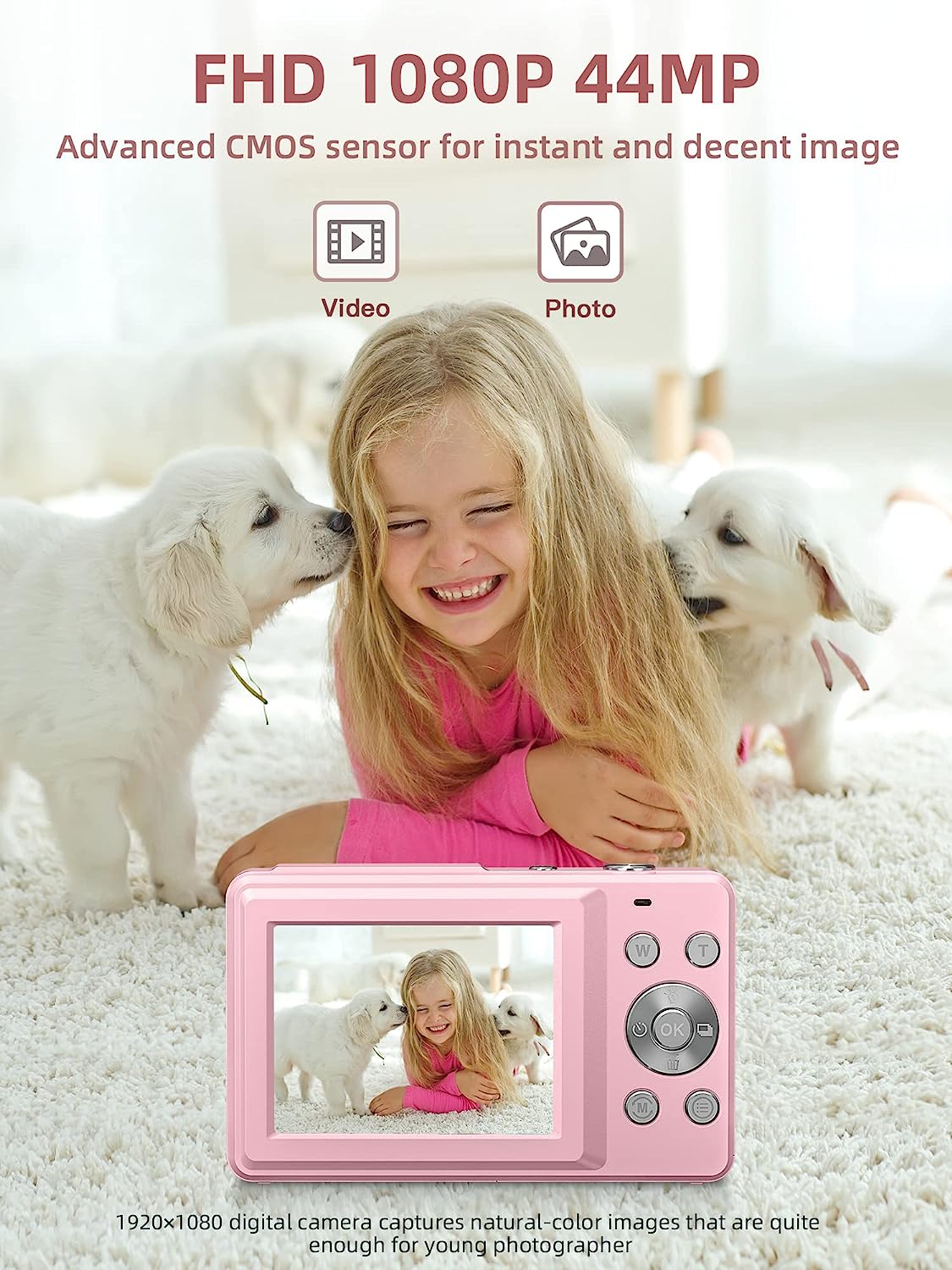 Digital Camera, FHD 1080P, Digital Tip and Shoot, 44MP for Vlogging with Anti Shake 16X Zoom, Compact, Small for Kids Boys Girls Teens Students Seniors- Pink