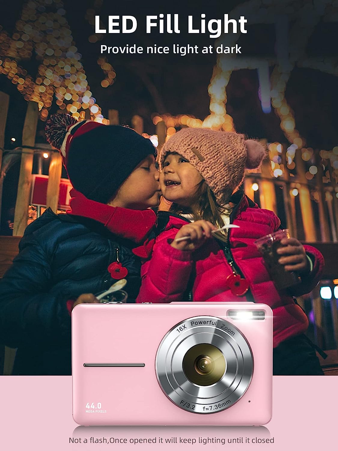 Digital Camera, FHD 1080P, Digital Tip and Shoot, 44MP for Vlogging with Anti Shake 16X Zoom, Compact, Small for Kids Boys Girls Teens Students Seniors- Pink