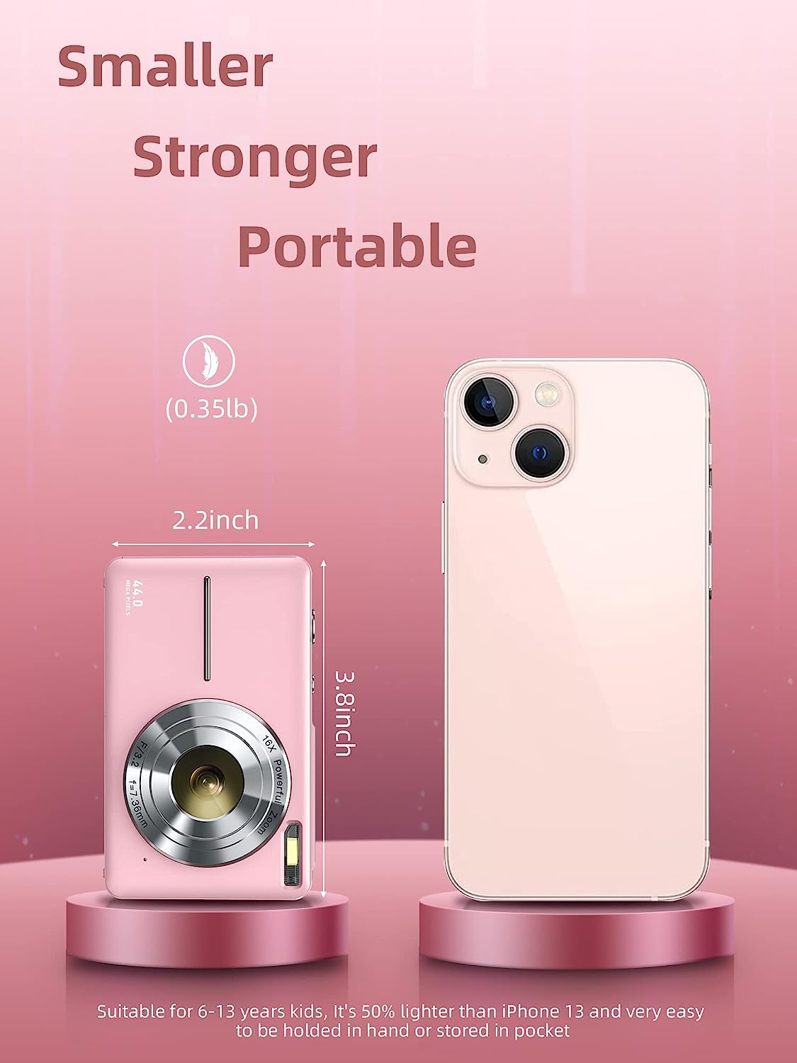 Digital Camera, FHD 1080P, Digital Edge and Shoot, 44MP for Vlogging with Anti Shake 16X Zoom, Compact, Small for Kids Boys Girls Teens Students Seniors- Pink