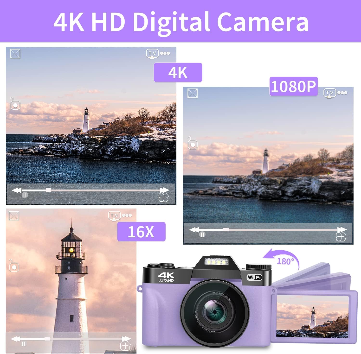 Digital Cameras for Photography, 4K 48MP Vlogging Camera 16X Digital Zoom Manual Focus Rechargeable Students Compact WiFi Camera with 52mm Wide-Angle Lens & Macro Lens, 32G Micro Card and 2 Batteries