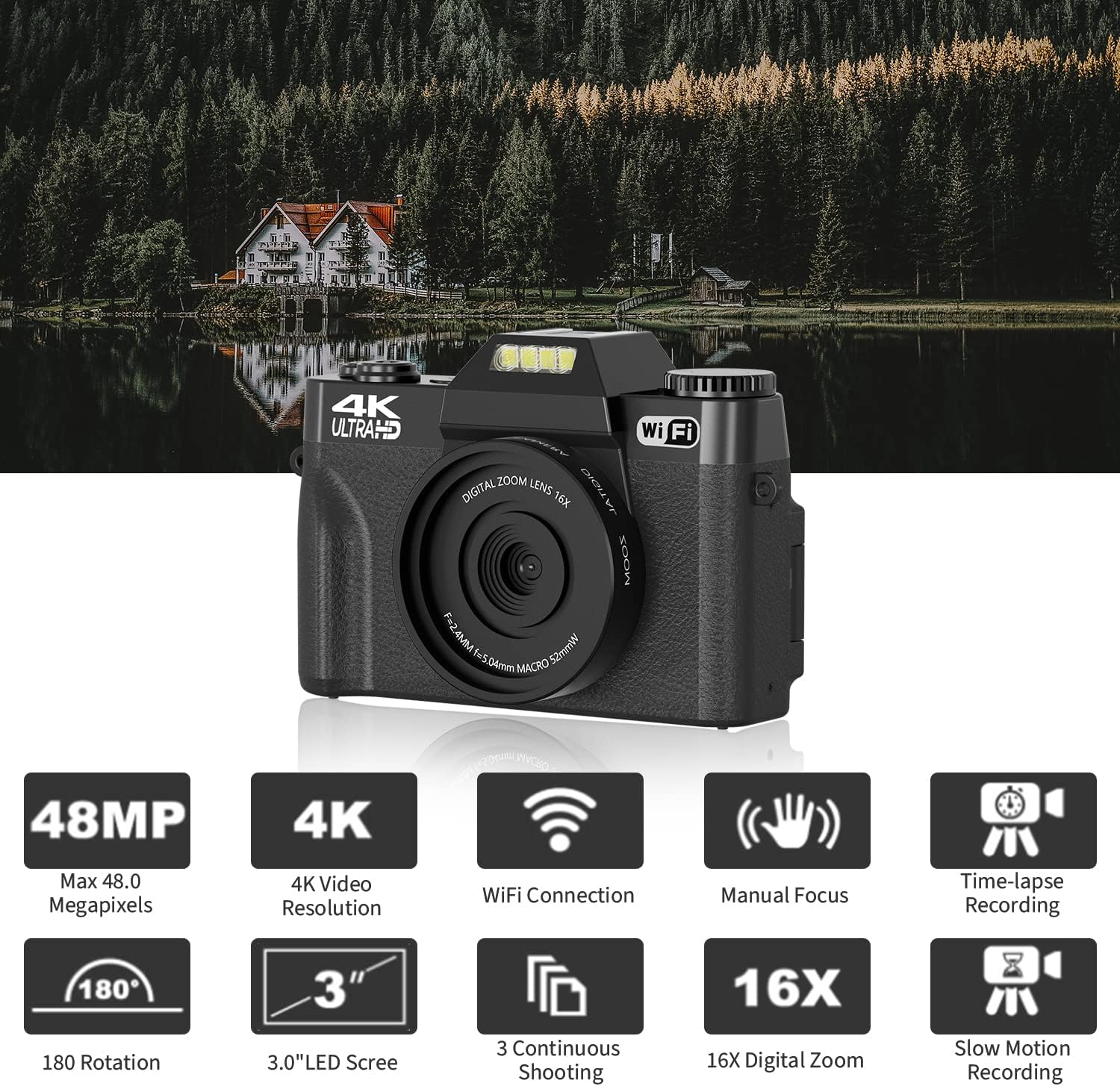 Digital Cameras for Photography, 4K 48MP Vlogging Camera 16X Digital Zoom Manual Focus Rechargeable Students Compact WiFi Camera with 52mm Wide-Angle Lens & Macro Lens, 32G Micro Card and 2 Batteries