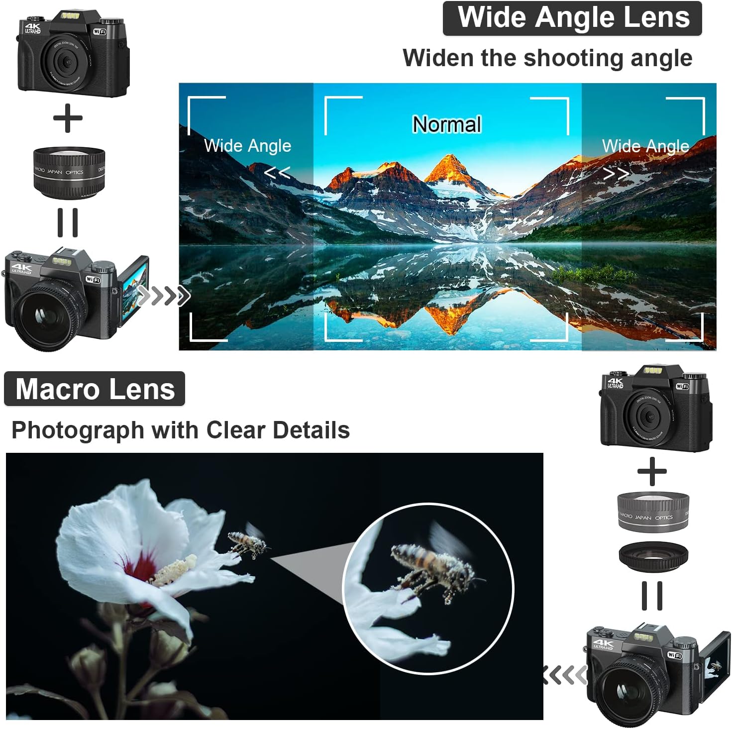 Digital Cameras for Photography, 4K 48MP Vlogging Camera 16X Digital Zoom Manual Focus Rechargeable Students Compact WiFi Camera with 52mm Wide-Angle Lens & Macro Lens, 32G Micro Card and 2 Batteries