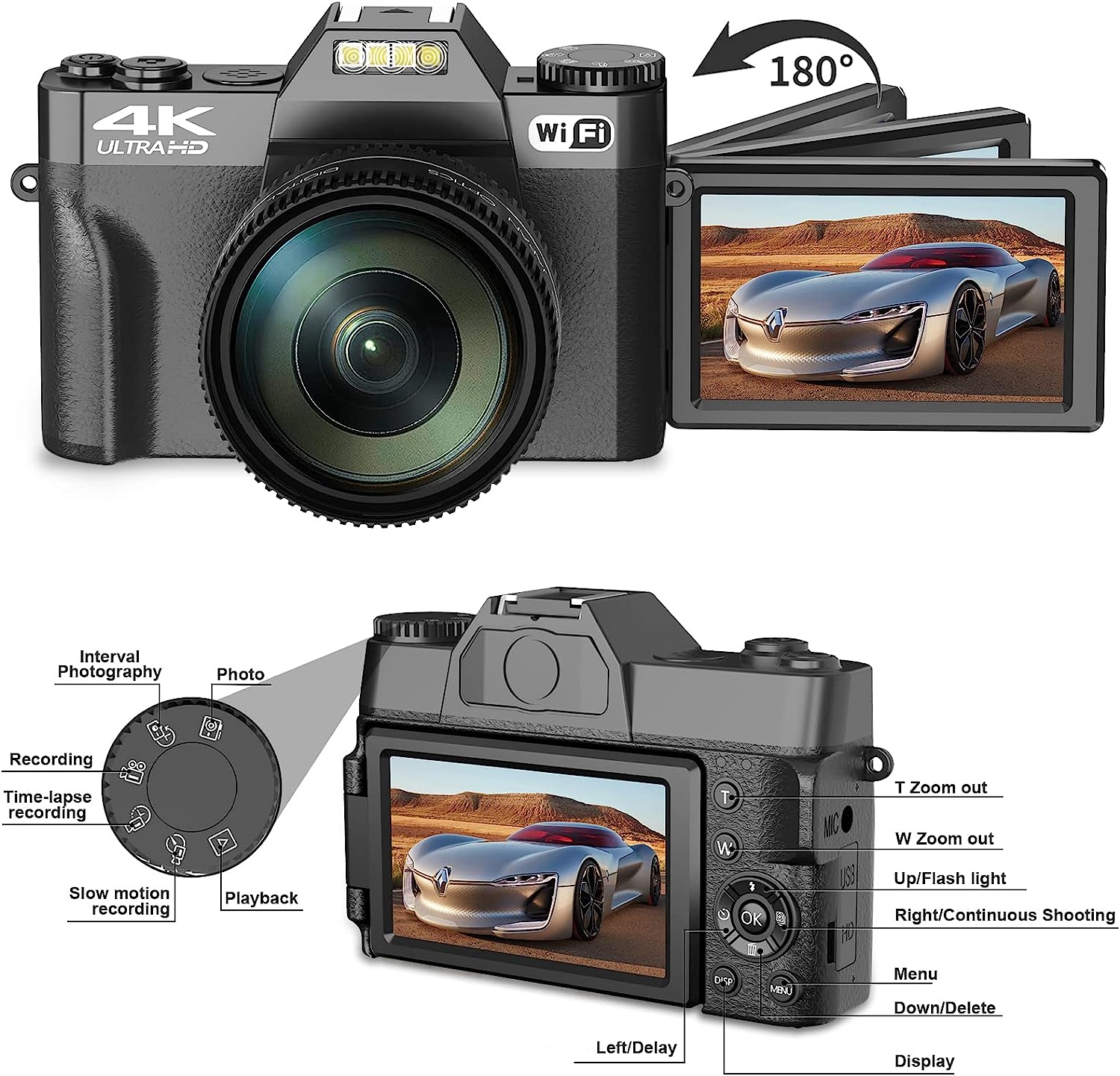 Digital Cameras for Photography, 4K 48MP Vlogging Camera 16X Digital Zoom Manual Focus Rechargeable Students Compact WiFi Camera with 52mm Wide-Angle Lens & Macro Lens, 32G Micro Card and 2 Batteries