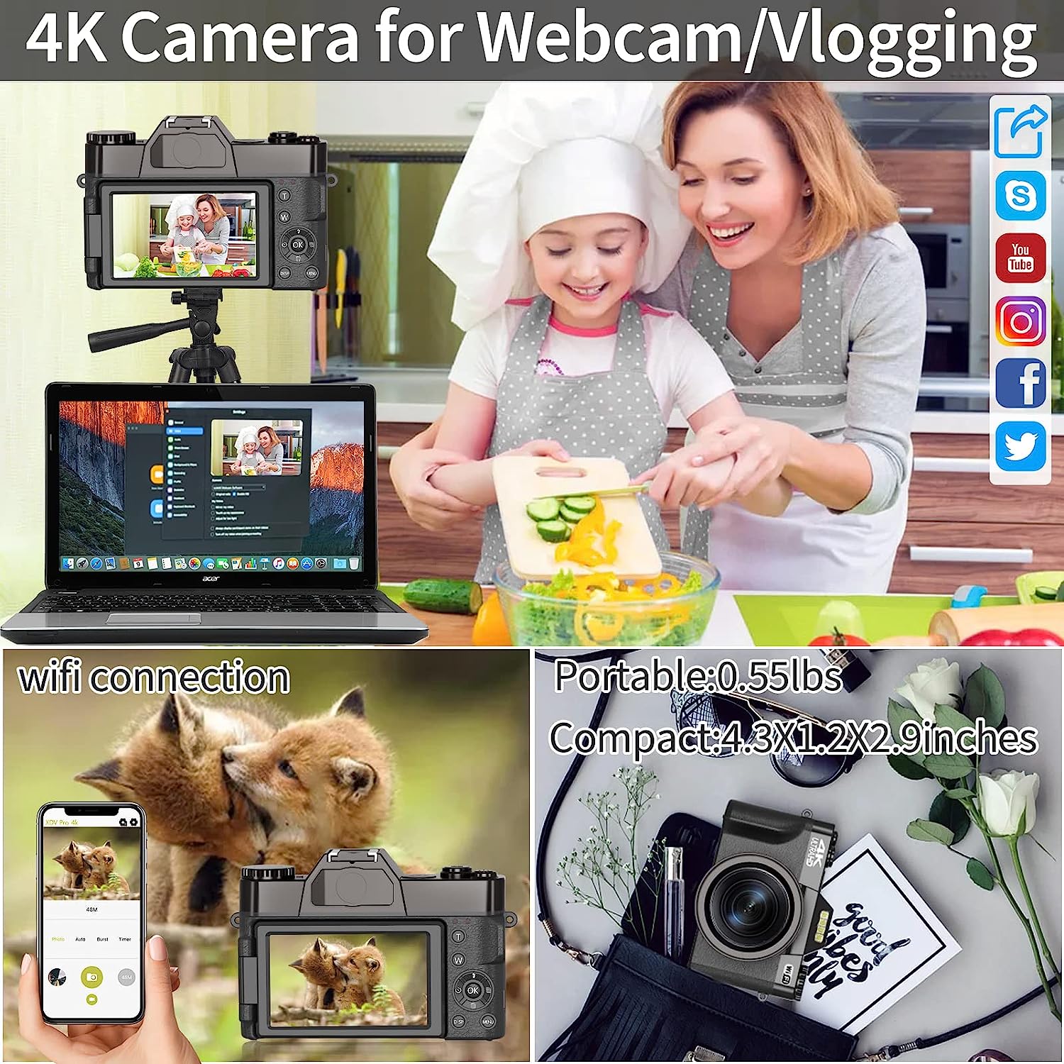 Digital Cameras for Photography, 4K 48MP Vlogging Camera 16X Digital Zoom Manual Focus Rechargeable Students Compact WiFi Camera with 52mm Wide-Angle Lens & Macro Lens, 32G Micro Card and 2 Batteries