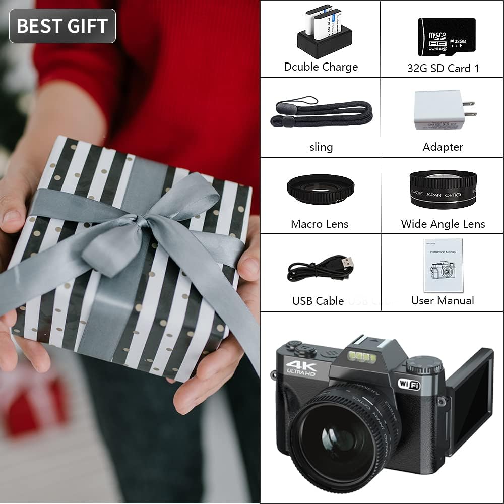 Digital Cameras for Photography, 4K 48MP Vlogging Camera 16X Digital Zoom Manual Focus Rechargeable Students Compact WiFi Camera with 52mm Wide-Angle Lens & Macro Lens, 32G Micro Card and 2 Batteries
