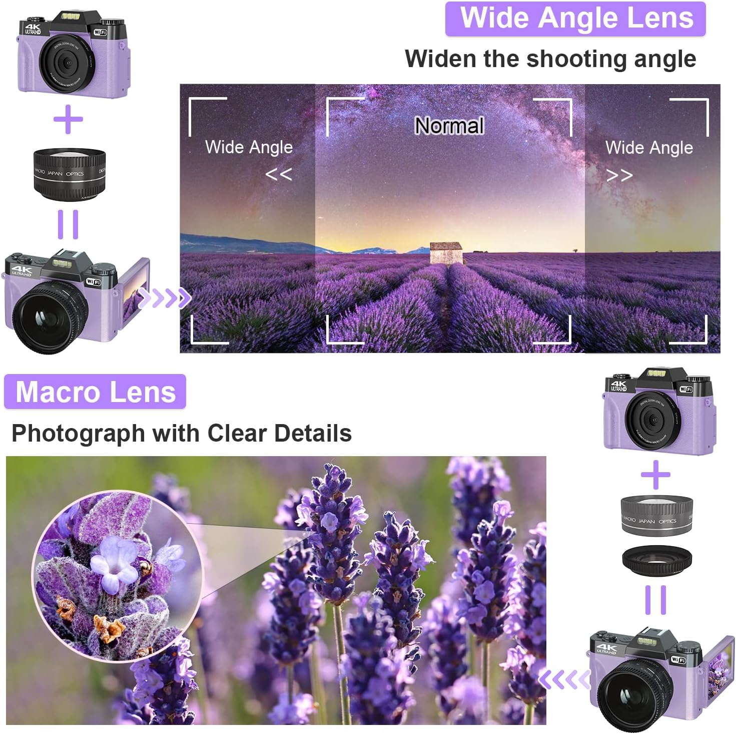 Digital Cameras for Photography, 4K 48MP Vlogging Camera 16X Digital Zoom Manual Focus Rechargeable Students Compact WiFi Camera with 52mm Wide-Angle Lens & Macro Lens, 32G Micro Card and 2 Batteries