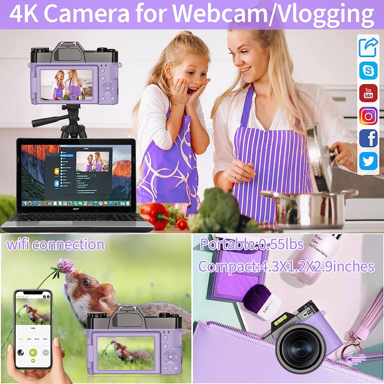 Digital Cameras for Photography, 4K 48MP Vlogging Camera 16X Digital Zoom Manual Focus Rechargeable Students Compact WiFi Camera with 52mm Wide-Angle Lens & Macro Lens, 32G Micro Card and 2 Batteries