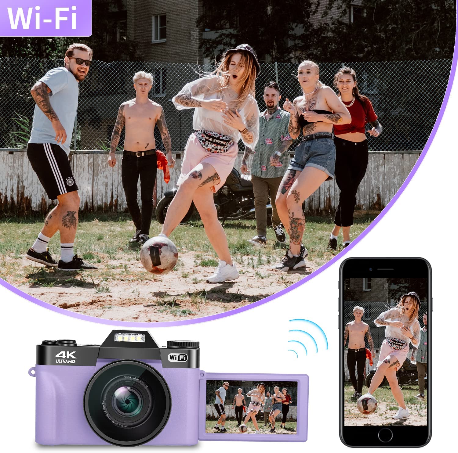 Digital Cameras for Photography, 4K 48MP Vlogging Camera 16X Digital Zoom Manual Focus Rechargeable Students Compact WiFi Camera with 52mm Wide-Angle Lens & Macro Lens, 32G Micro Card and 2 Batteries