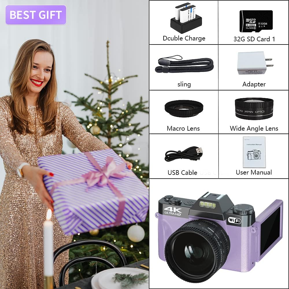 Digital Cameras for Photography, 4K 48MP Vlogging Camera 16X Digital Zoom Manual Focus Rechargeable Students Compact WiFi Camera with 52mm Wide-Angle Lens & Macro Lens, 32G Micro Card and 2 Batteries