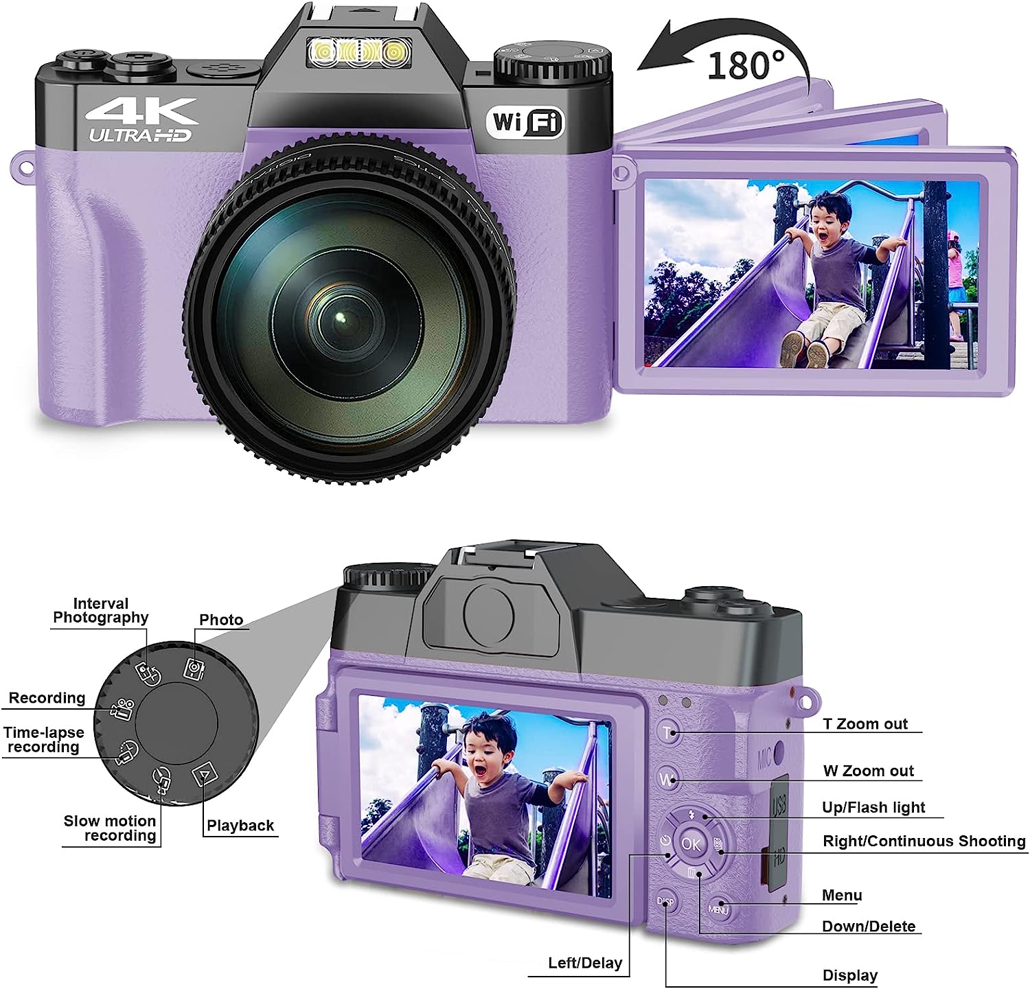 Digital Cameras for Photography, 4K 48MP Vlogging Camera 16X Digital Zoom Manual Focus Rechargeable Students Compact WiFi Camera with 52mm Wide-Angle Lens & Macro Lens, 32G Micro Card and 2 Batteries