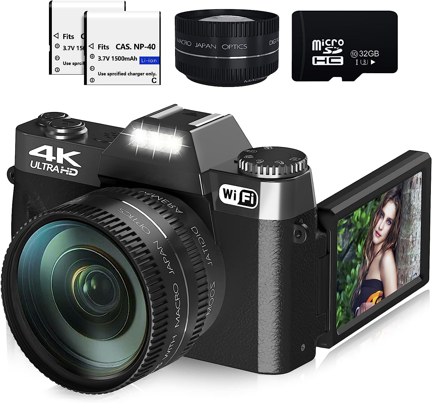 Digital Cameras for Photography, 4K 48MP Vlogging Camera 16X Digital Zoom Manual Focus Rechargeable Students Compact WiFi Camera with 52mm Wide-Angle Lens & Macro Lens, 32G Micro Card and 2 Batteries
