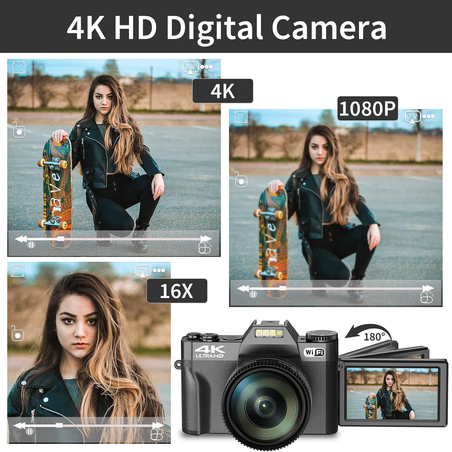 Digital Cameras for Photography, 4K 48MP Vlogging Camera 16X Digital Zoom Manual Focus Rechargeable Students Compact WiFi Camera with 52mm Wide-Angle Lens & Macro Lens, 32G Micro Card and 2 Batteries