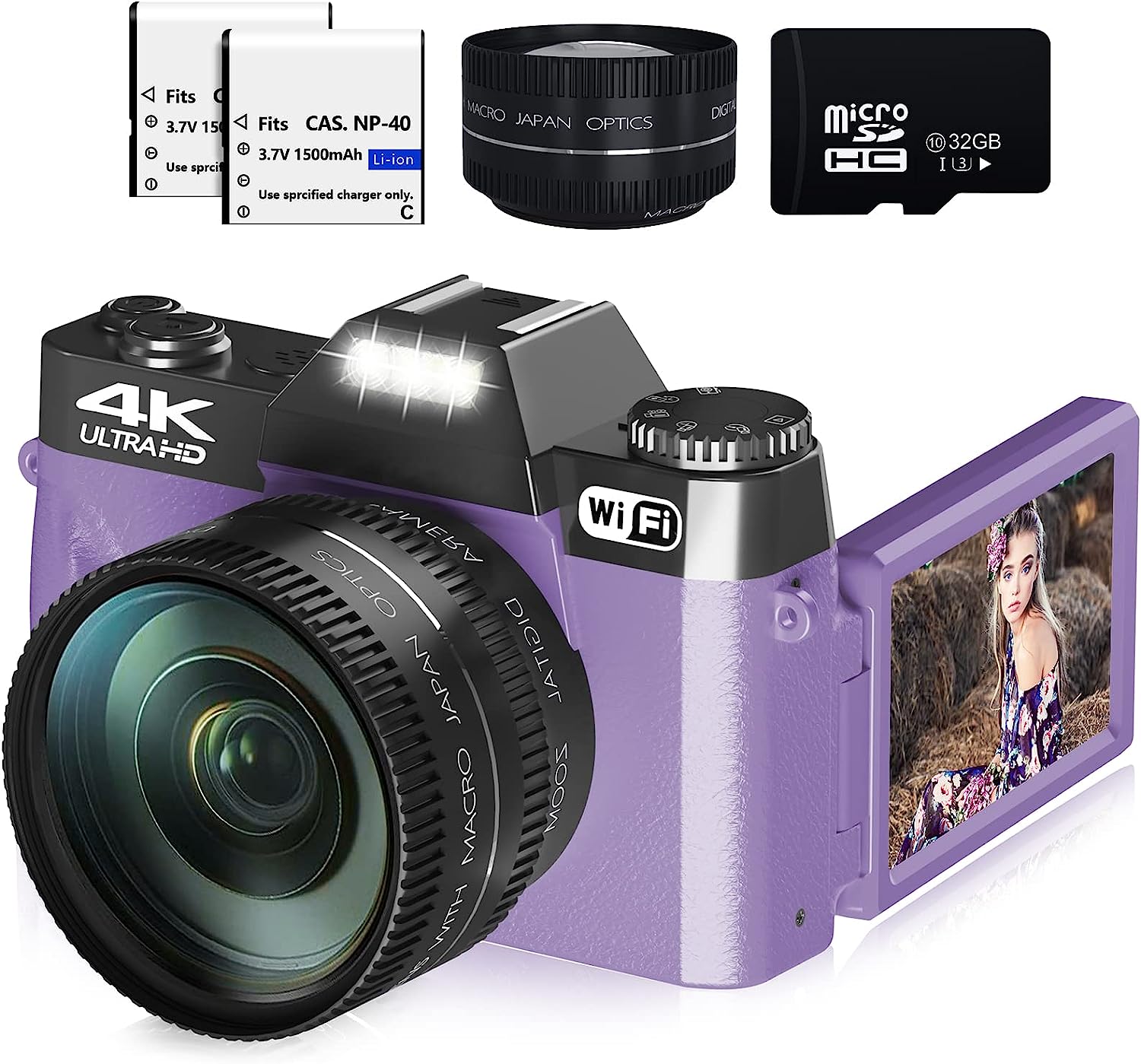 Digital Cameras for Photography, 4K 48MP Vlogging Camera 16X Digital Zoom Manual Focus Rechargeable Students Compact WiFi Camera with 52mm Wide-Angle Lens & Macro Lens, 32G Micro Card and 2 Batteries