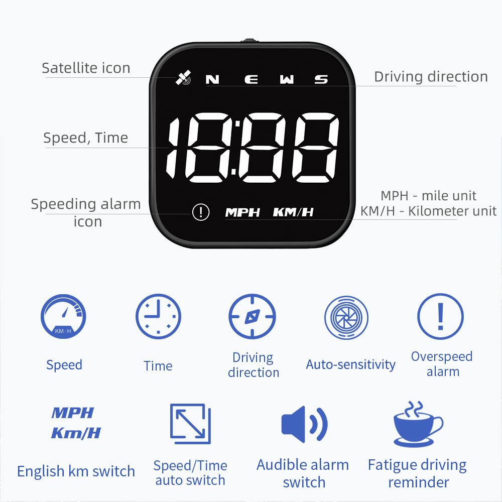 Digital GPS Speedometer, VEESA Car Universal HUD Head Up Display, GPS Smart Gauge Speedometer with Speed MPH Compass Fatigued Driving Alert Overspeed Alarm Trip Meter for All Vehicle (Black)