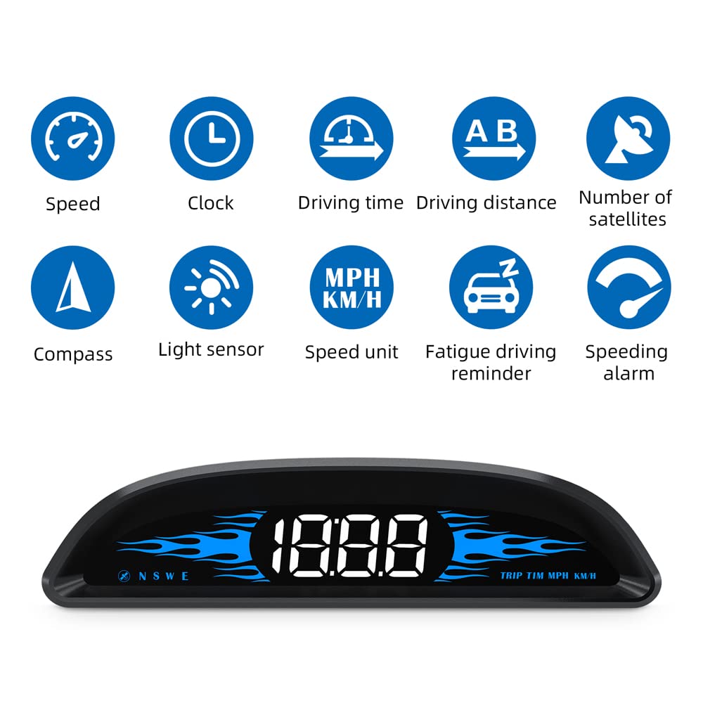 Digital GPS Speedometer, VEESA Car Universal HUD Head Up Display, GPS Smart Gauge Speedometer with Speed MPH Compass Fatigued Driving Alert Overspeed Alarm Trip Meter for All Vehicle (Black)