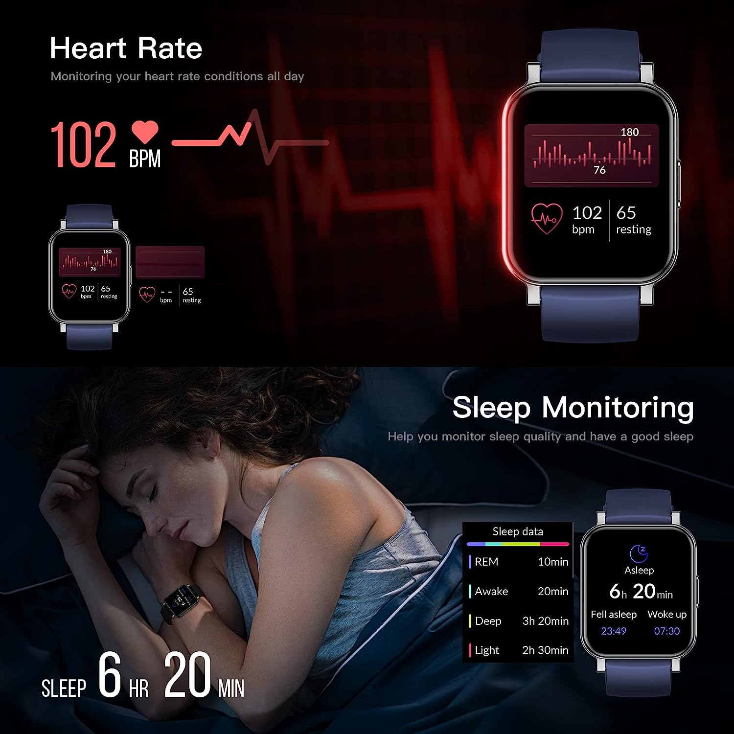 EURANS Smart Watch 44mm, AMOLED Always-on Display Fitness Watch with Heart Rate/Sleep Monitor Steps Calories Counter, IP68 Waterproof Activity Tracker Compatible with Android iOS