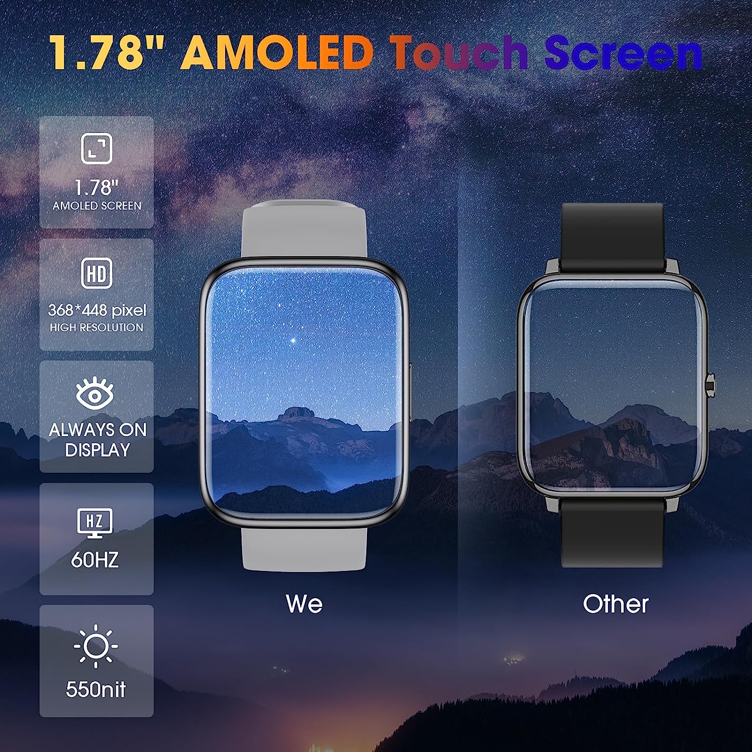 EURANS Smart Watch 44mm, AMOLED Always-on Display Fitness Watch with Heart Rate/Sleep Monitor Steps Calories Counter, IP68 Waterproof Activity Tracker Compatible with Android iOS