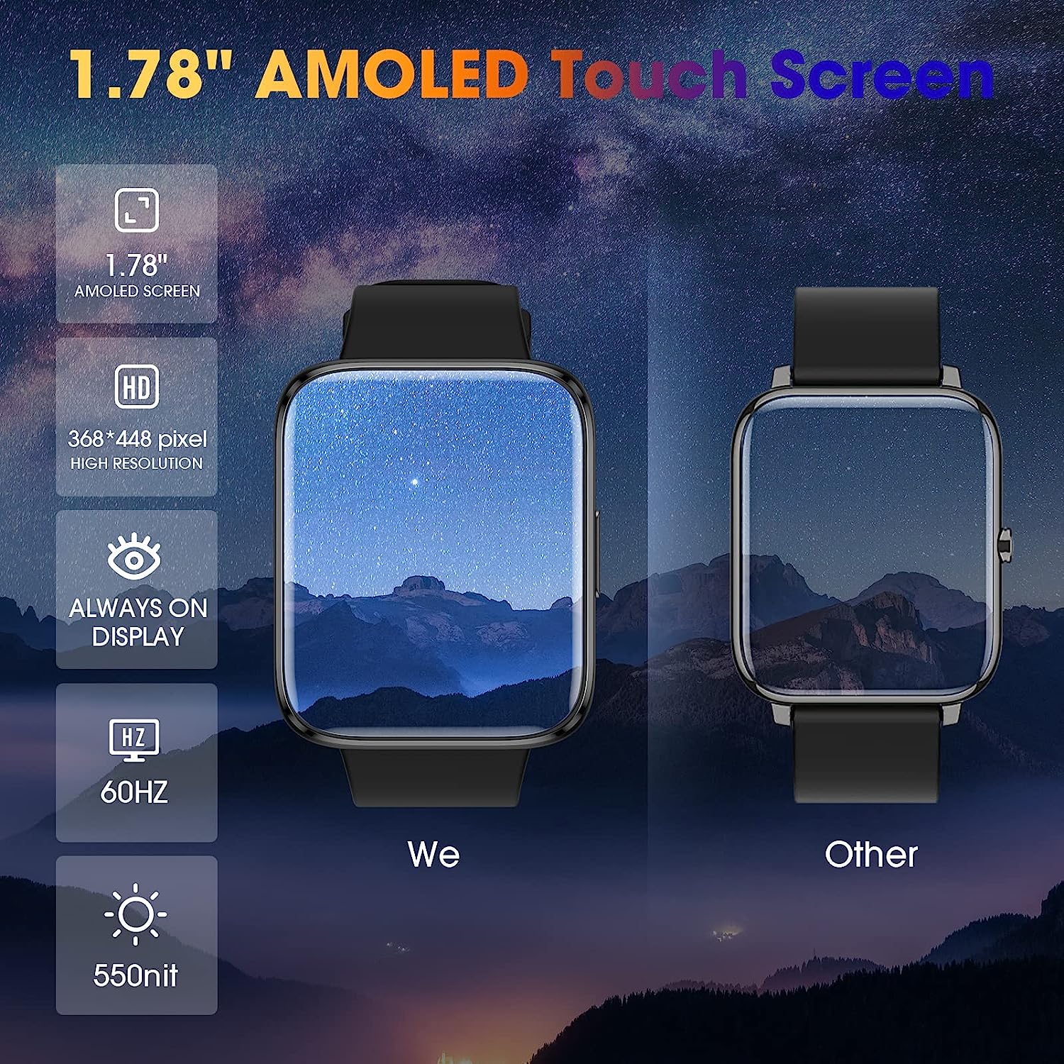 EURANS Smart Watch 44mm, AMOLED Always-on Display Fitness Watch with Heart Rate/Sleep Monitor Steps Calories Counter, IP68 Waterproof Activity Tracker Compatible with Android iOS