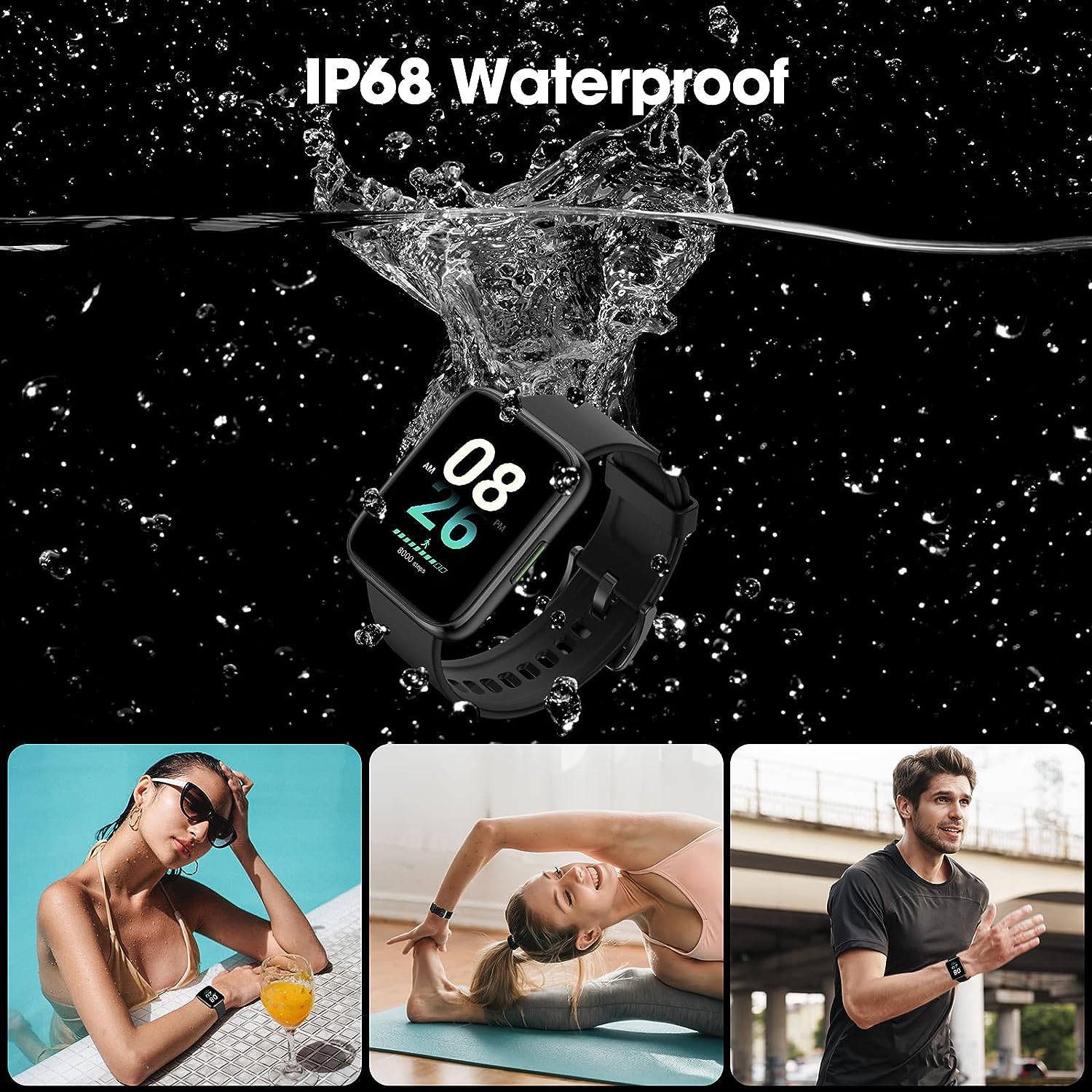 EURANS Smart Watch 44mm, AMOLED Always-on Display Fitness Watch with Heart Rate/Sleep Monitor Steps Calories Counter, IP68 Waterproof Activity Tracker Compatible with Android iOS