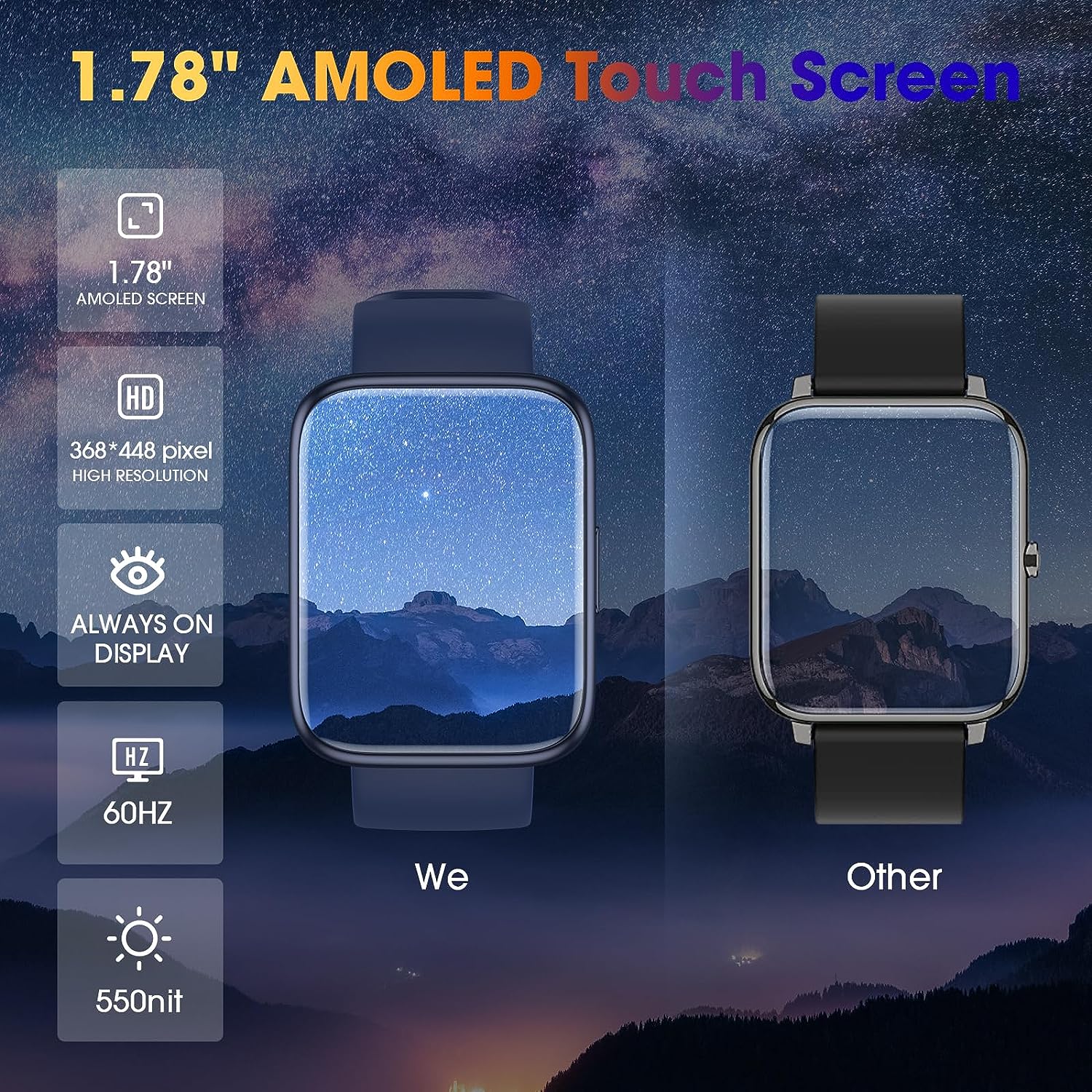 EURANS Smart Watch 44mm, AMOLED Always-on Display Fitness Watch with Heart Rate/Sleep Monitor Steps Calories Counter, IP68 Waterproof Activity Tracker Compatible with Android iOS