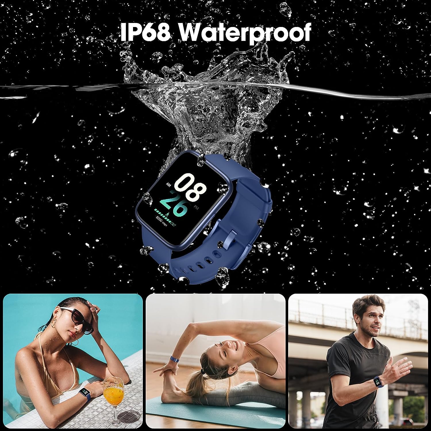 EURANS Smart Watch 44mm, AMOLED Always-on Display Fitness Watch with Heart Rate/Sleep Monitor Steps Calories Counter, IP68 Waterproof Activity Tracker Compatible with Android iOS