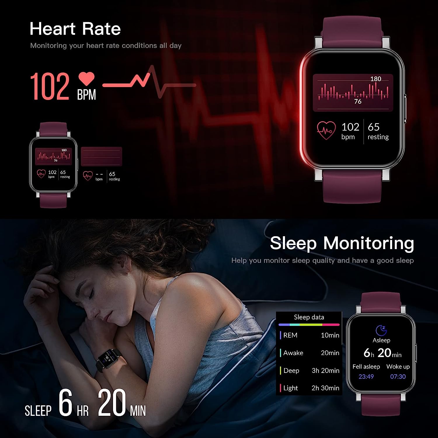 EURANS Smart Watch 44mm, AMOLED Always-on Display Fitness Watch with Heart Rate/Sleep Monitor Steps Calories Counter, IP68 Waterproof Activity Tracker Compatible with Android iOS