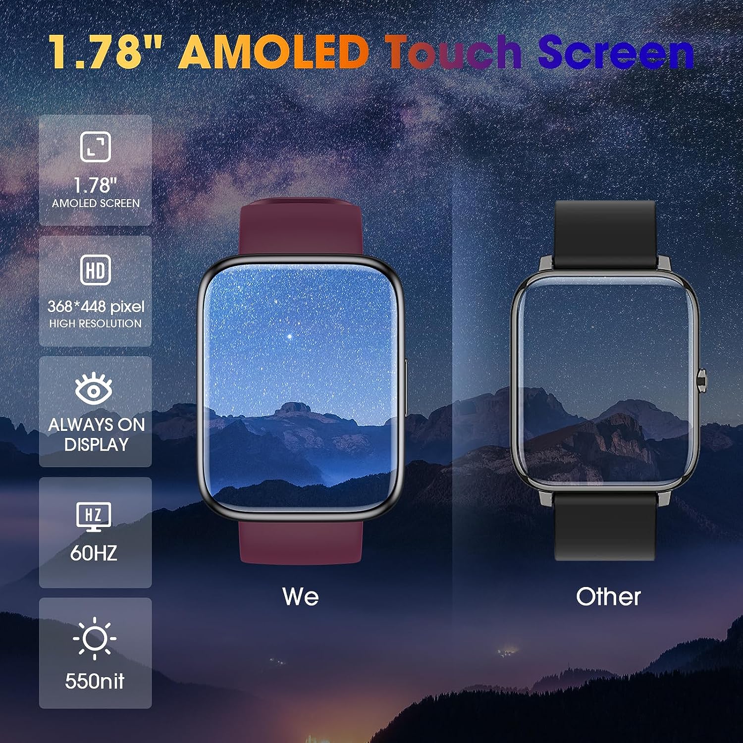 EURANS Smart Watch 44mm, AMOLED Always-on Display Fitness Watch with Heart Rate/Sleep Monitor Steps Calories Counter, IP68 Waterproof Activity Tracker Compatible with Android iOS