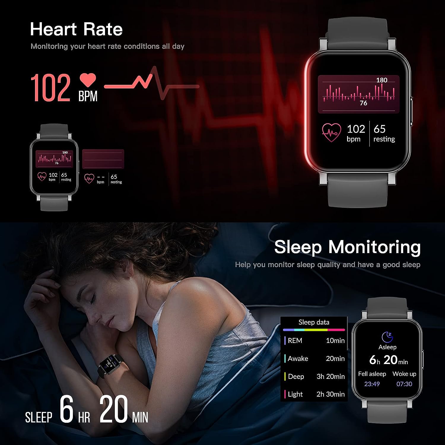 EURANS Smart Watch 44mm, AMOLED Always-on Display Fitness Watch with Heart Rate/Sleep Monitor Steps Calories Counter, IP68 Waterproof Activity Tracker Compatible with Android iOS