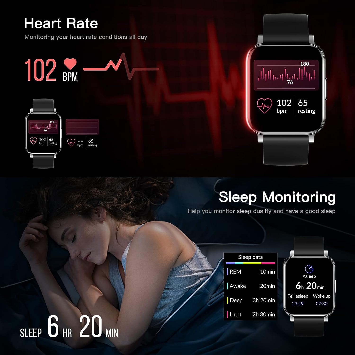 EURANS Smart Watch 44mm, AMOLED Always-on Display Fitness Watch with Heart Rate/Sleep Monitor Steps Calories Counter, IP68 Waterproof Activity Tracker Compatible with Android iOS