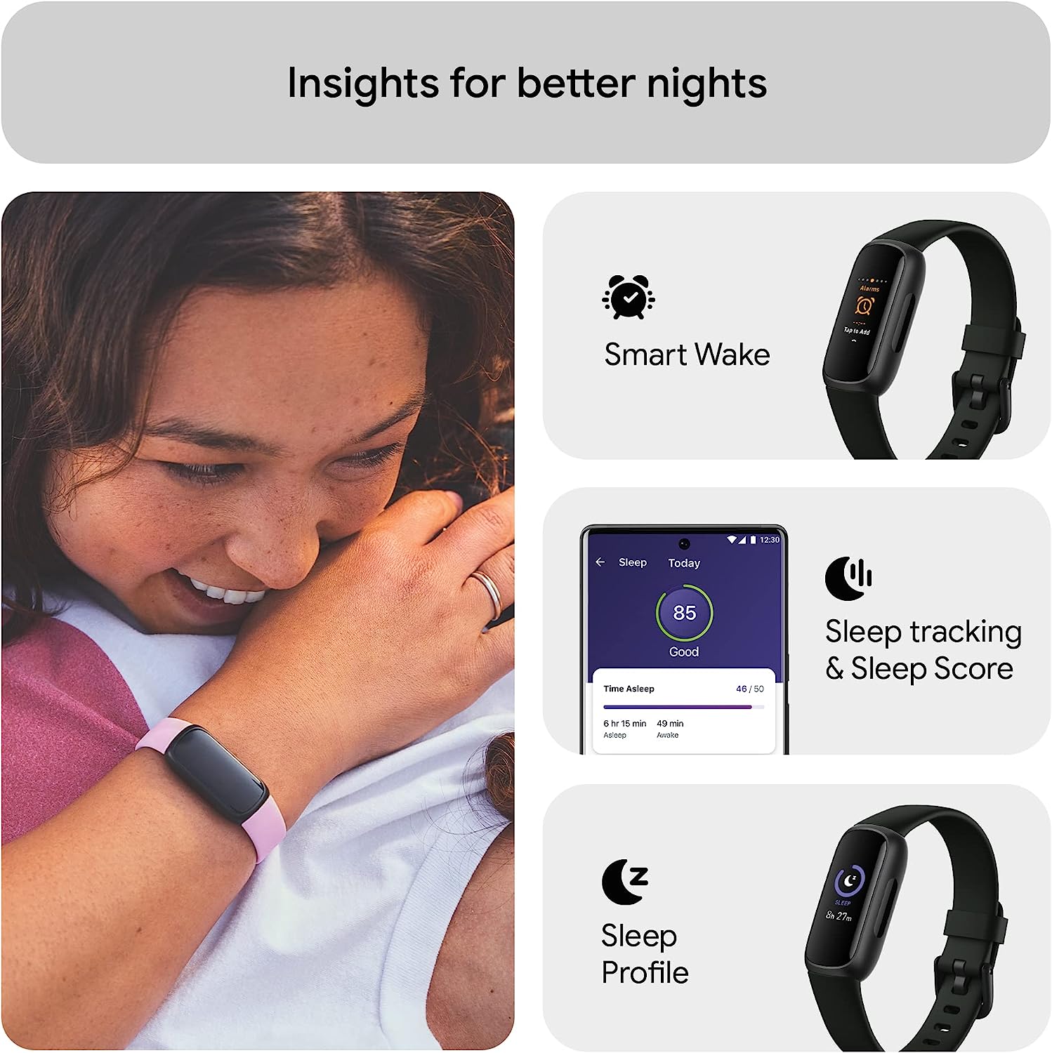 Fitbit Inspire 3 Health & Fitness Tracker with Stress Management, Workout Intensity, Sleep Tracking, 24/7 Heart Rate and more, Midnight Zen/Black One Size (S & L Bands Included)