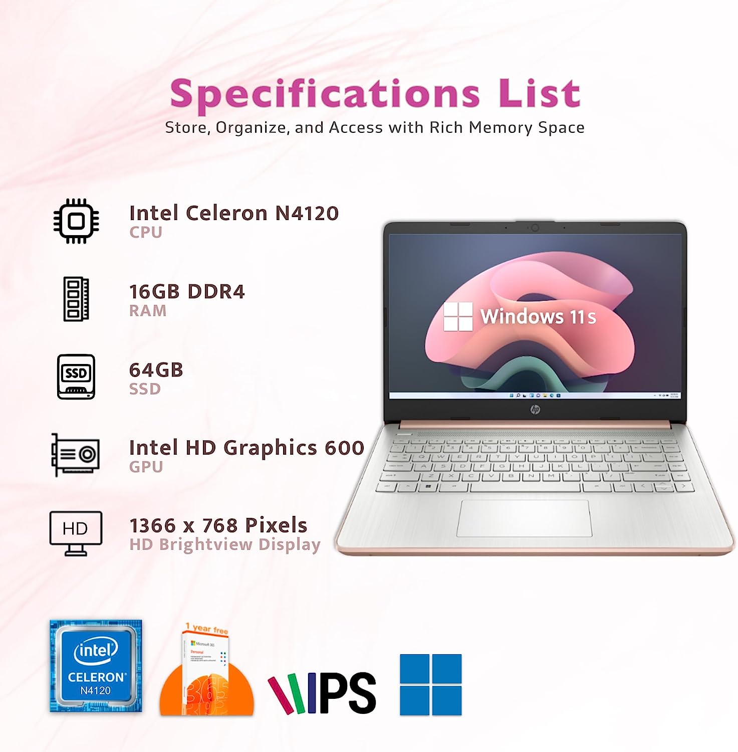 HP 2022 Stream 14'' HD Laptop, Intel Celeron N4020 Dual-core Processor, 4GB DDR4 RAM, 64GB eMMC, 1 Year Office 365, Webcam, HDMI, Windows 10S, White, 32GB SnowBell USB Card