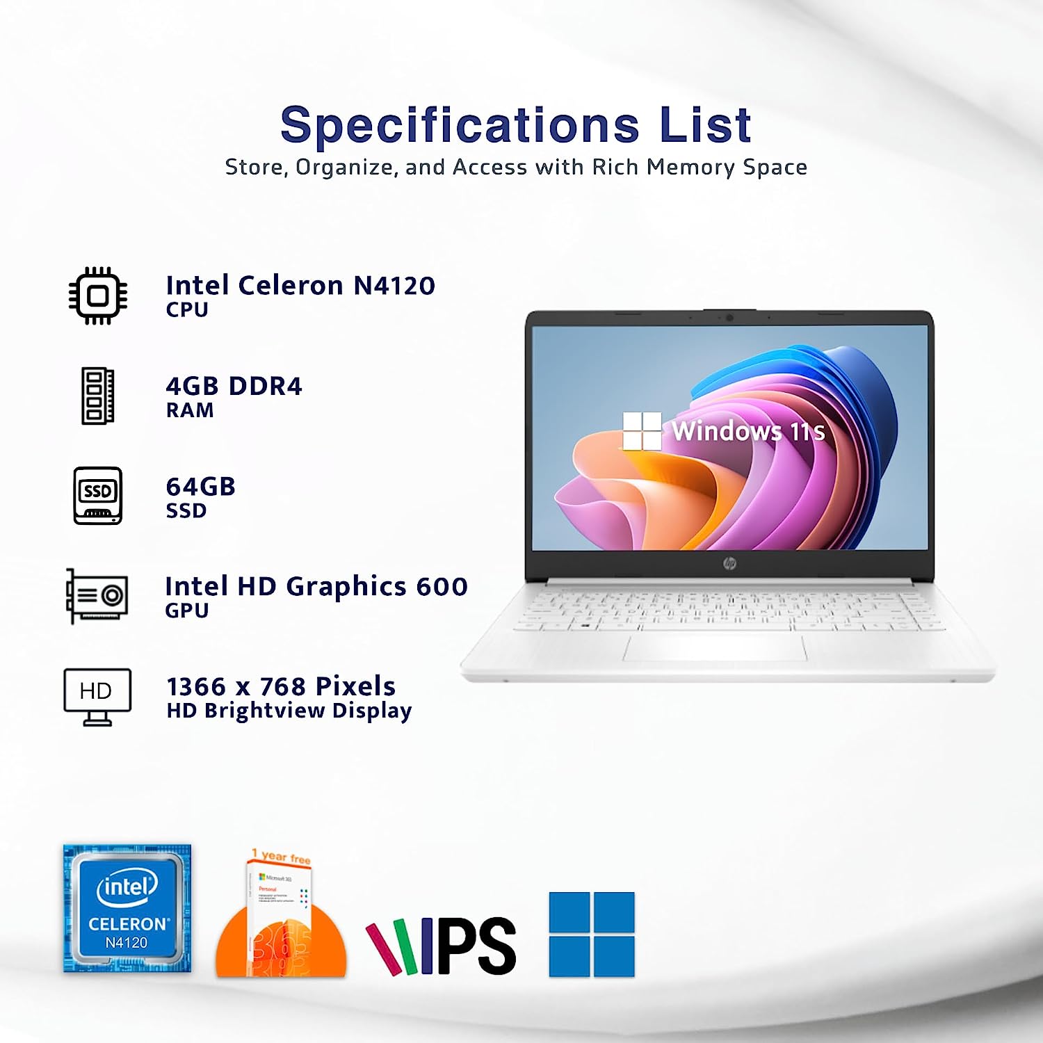 HP 2022 Stream 14'' HD Laptop, Intel Celeron N4020 Dual-core Processor, 4GB DDR4 RAM, 64GB eMMC, 1 Year Office 365, Webcam, HDMI, Windows 10S, White, 32GB SnowBell USB Card