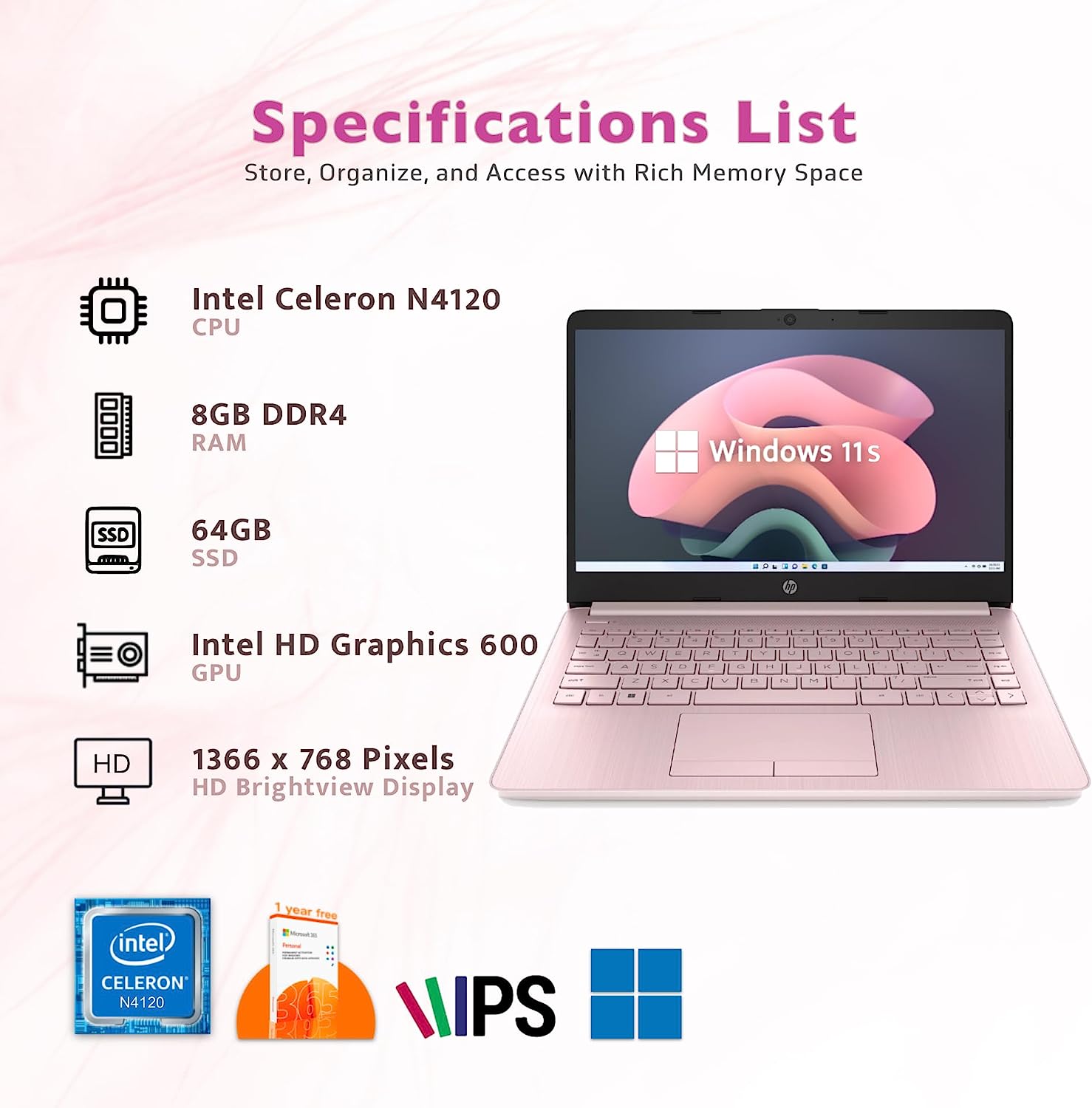 HP 2022 Stream 14'' HD Laptop, Intel Celeron N4020 Dual-core Processor, 4GB DDR4 RAM, 64GB eMMC, 1 Year Office 365, Webcam, HDMI, Windows 10S, White, 32GB SnowBell USB Card