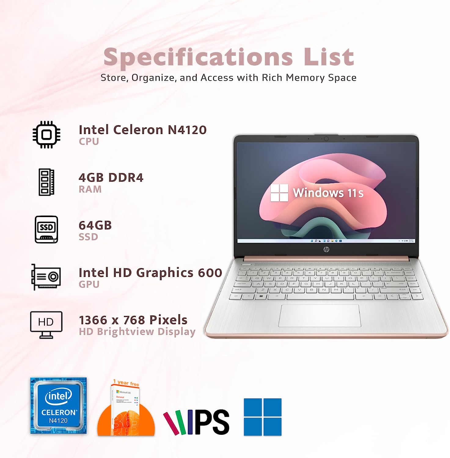HP 2022 Stream 14'' HD Laptop, Intel Celeron N4020 Dual-core Processor, 4GB DDR4 RAM, 64GB eMMC, 1 Year Office 365, Webcam, HDMI, Windows 10S, White, 32GB SnowBell USB Card