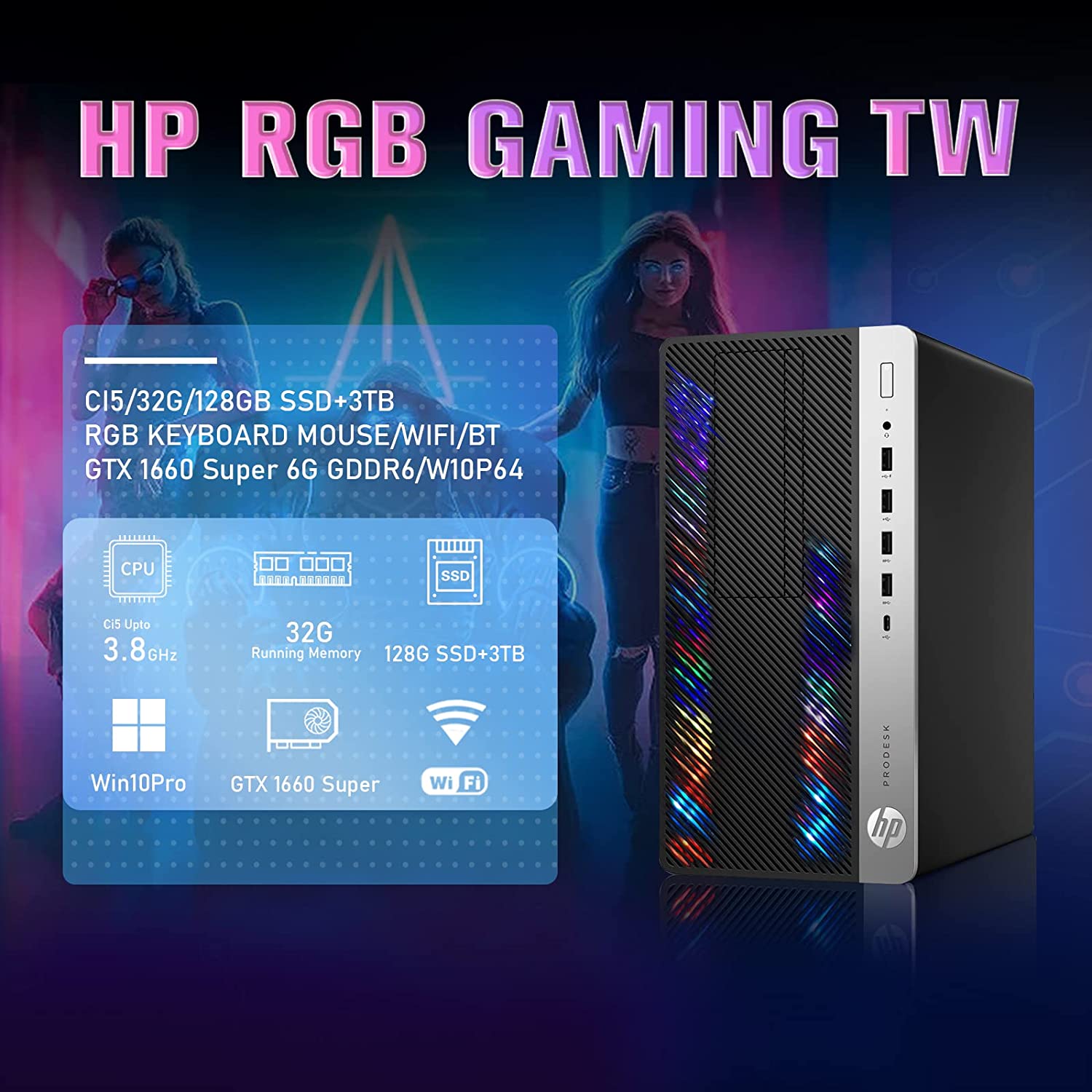 HP RGB Gaming PC Desktop Computer - Intel Quad I7 up to 3.8GHz, 16GB Memory, 256G SSD + 3TB, GeForce GTX 1660 Super 6G GDDR6, RGB Keyboard & Mouse, WiFi & Bluetooth 5.0, Win 10 Pro (Renewed)