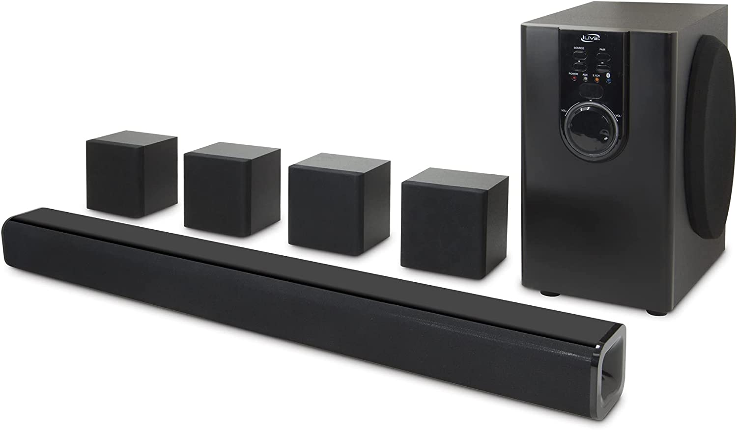 iLive 5.1 Home Theater System with Bluetooth, 6 Surround Speakers, Wall Mountable, Includes Remote, Black (IHTB159B)