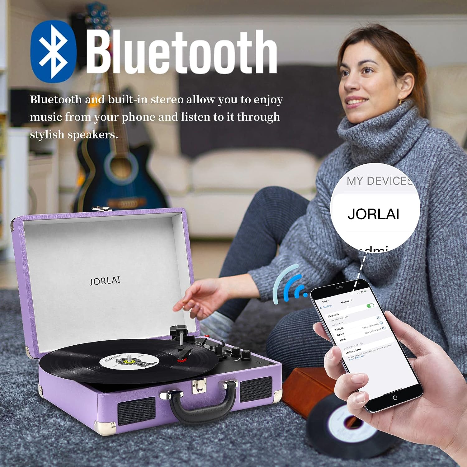 Jorlai Vinyl Record Player 3 Speed Turntable with Bluetooth, Built in Battery, Portable Suitcase, Built in Speakers, 3.5mm Headphone Jack Aux in/RCA Out Pink for Home Decoration Gift