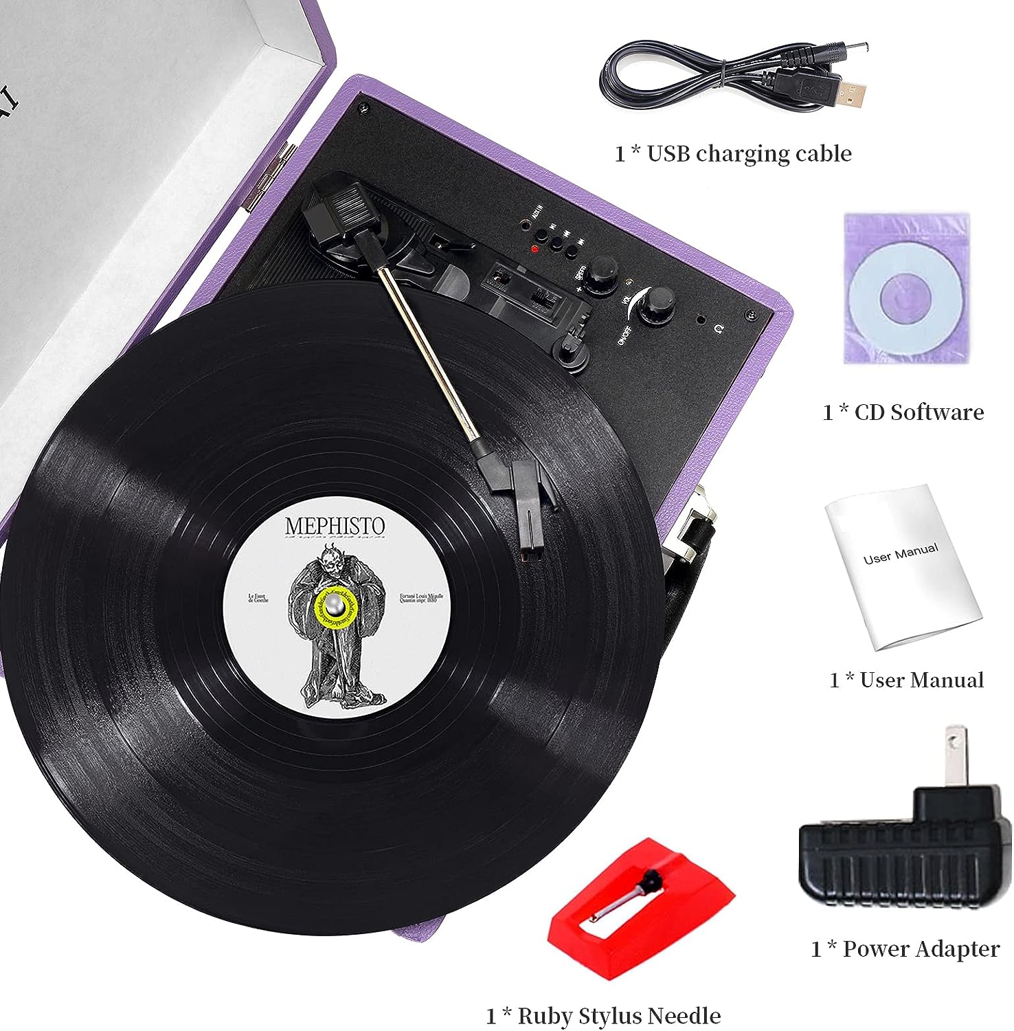 Jorlai Vinyl Record Player 3 Speed Turntable with Bluetooth, Built in Battery, Portable Suitcase, Built in Speakers, 3.5mm Headphone Jack Aux in/RCA Out Pink for Home Decoration Gift